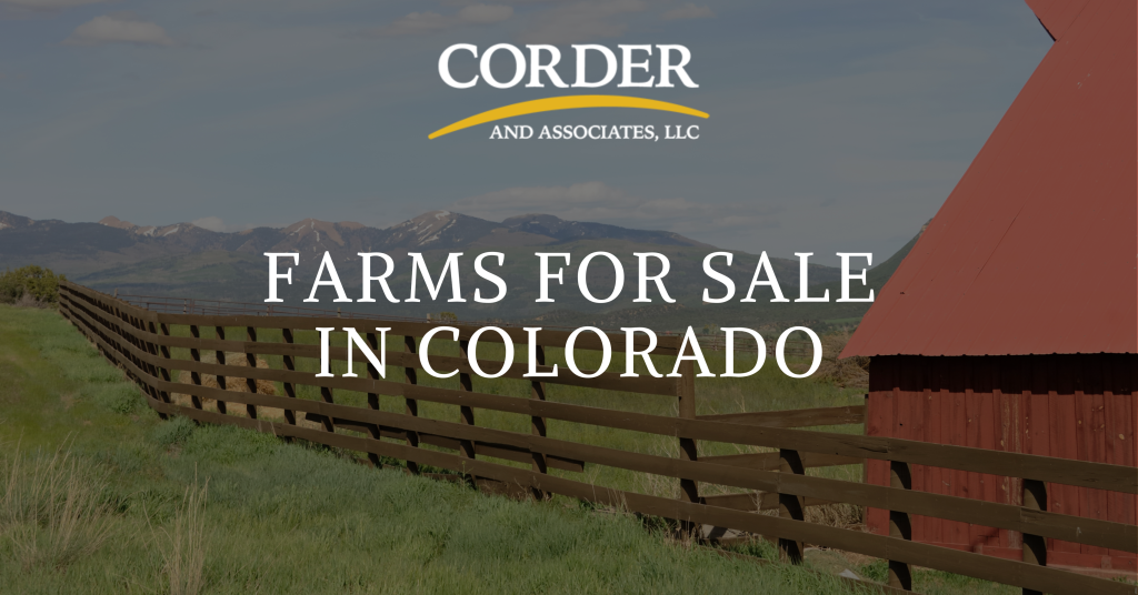Graphic displaying the page title, farms for sale in colorado
